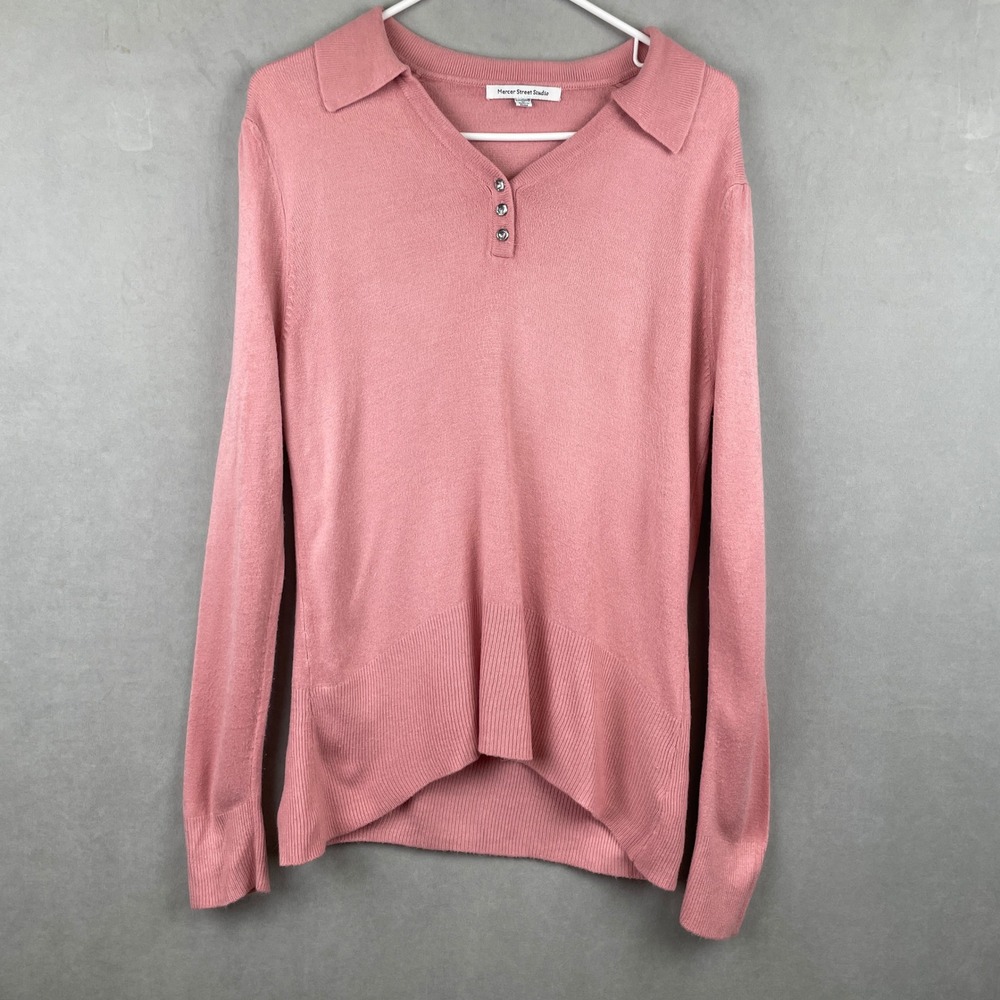 Mercer Street Studio Pink Luxelon Barbie Polo Henley Sweater Rhinestone Button M